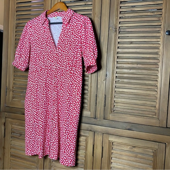 Boden cherry pink/red floral Button 100% cotton Jersey Mini Tea comfy Dress SZ-8 - Picture 5 of 9